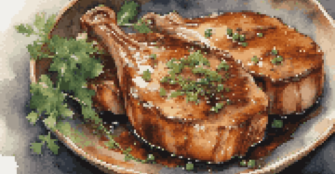 A close-up view of marinated pork chops in a rustic dish, surrounded by fresh herbs and illuminated by soft lighting.