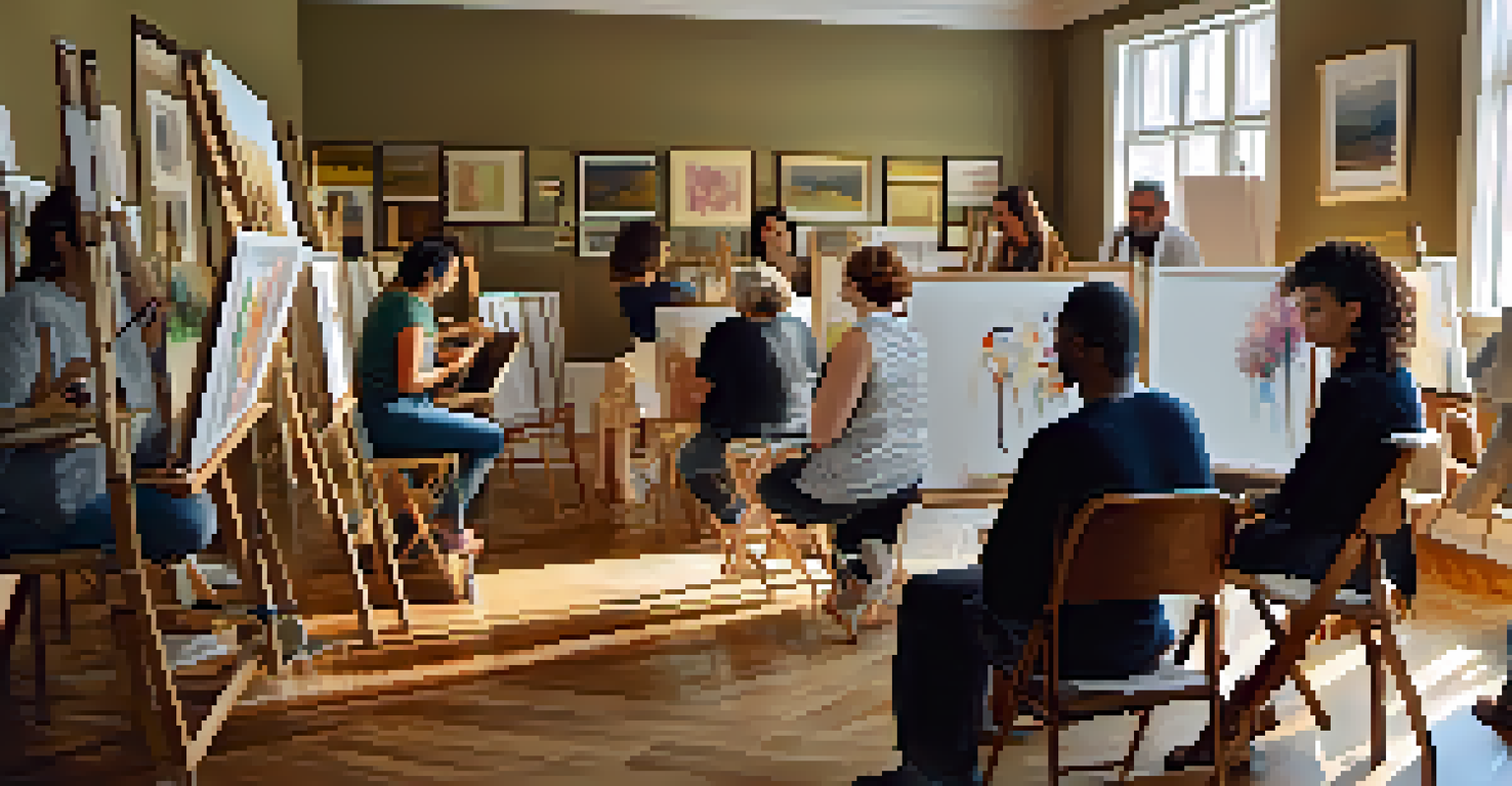 An art therapy session with a therapist and participants painting on easels in a warm, cozy indoor space filled with inspiring artwork.
