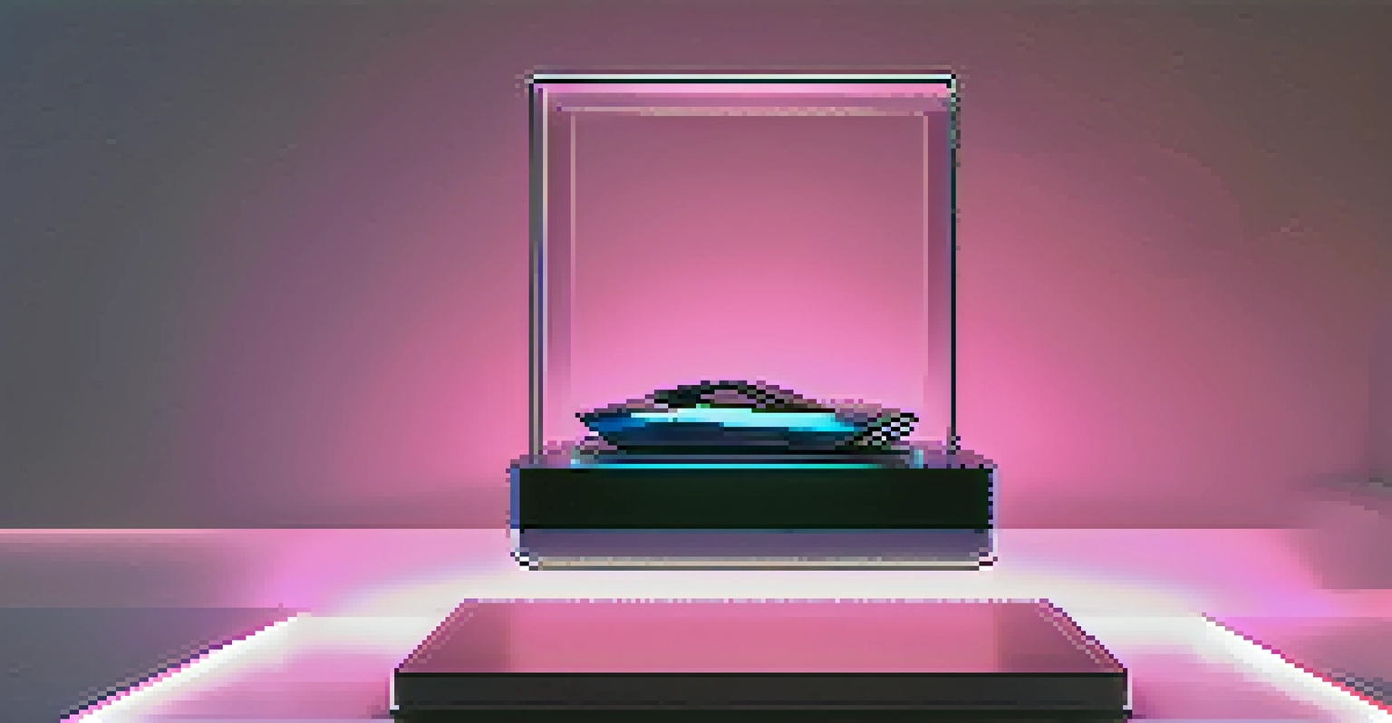A 3D display of a futuristic gadget on a glossy pedestal, illuminated by dramatic lighting against a soft gradient background.