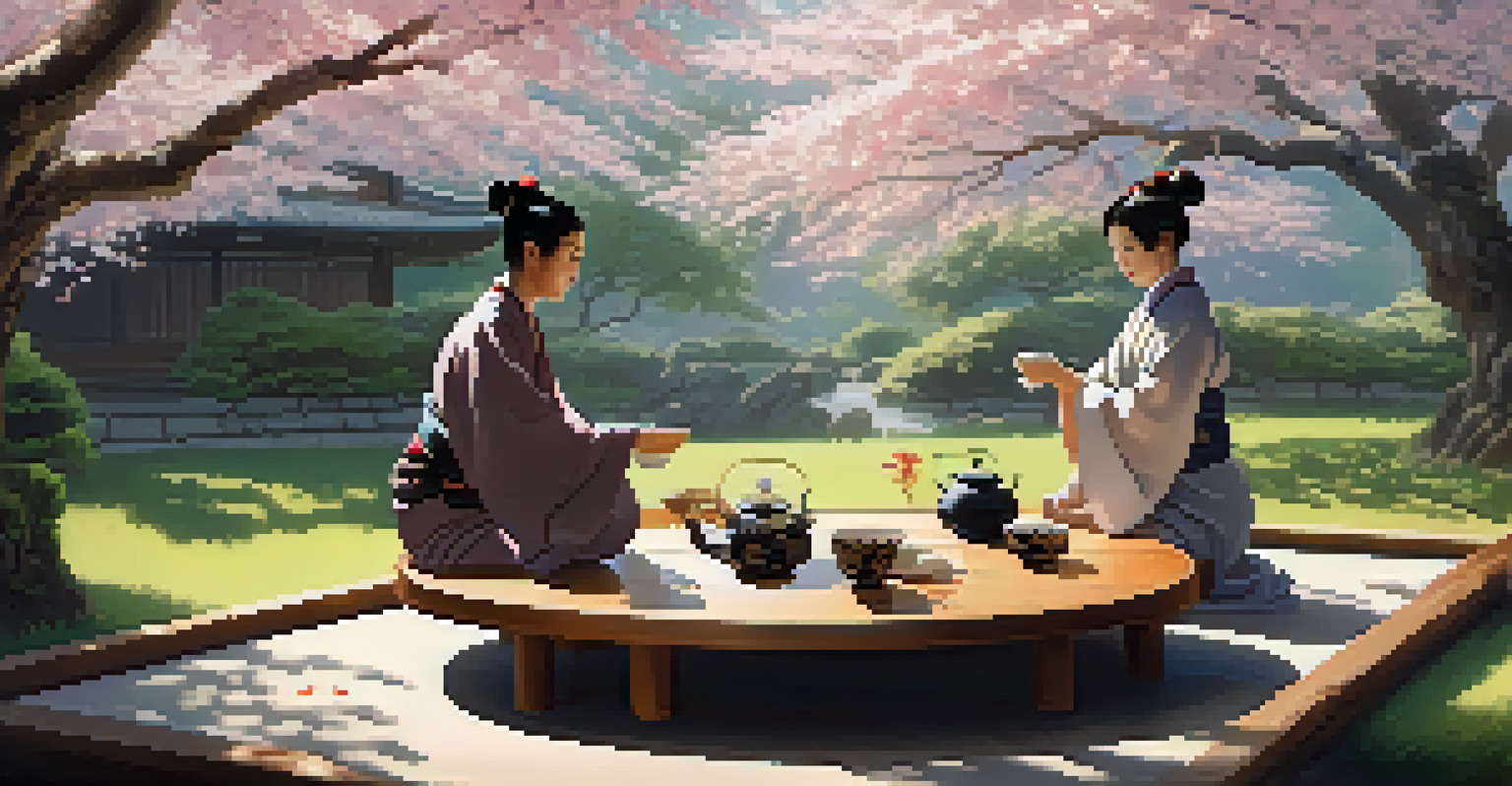 A peaceful tea ceremony in a Japanese garden with cherry blossoms, featuring a person in traditional attire pouring tea.