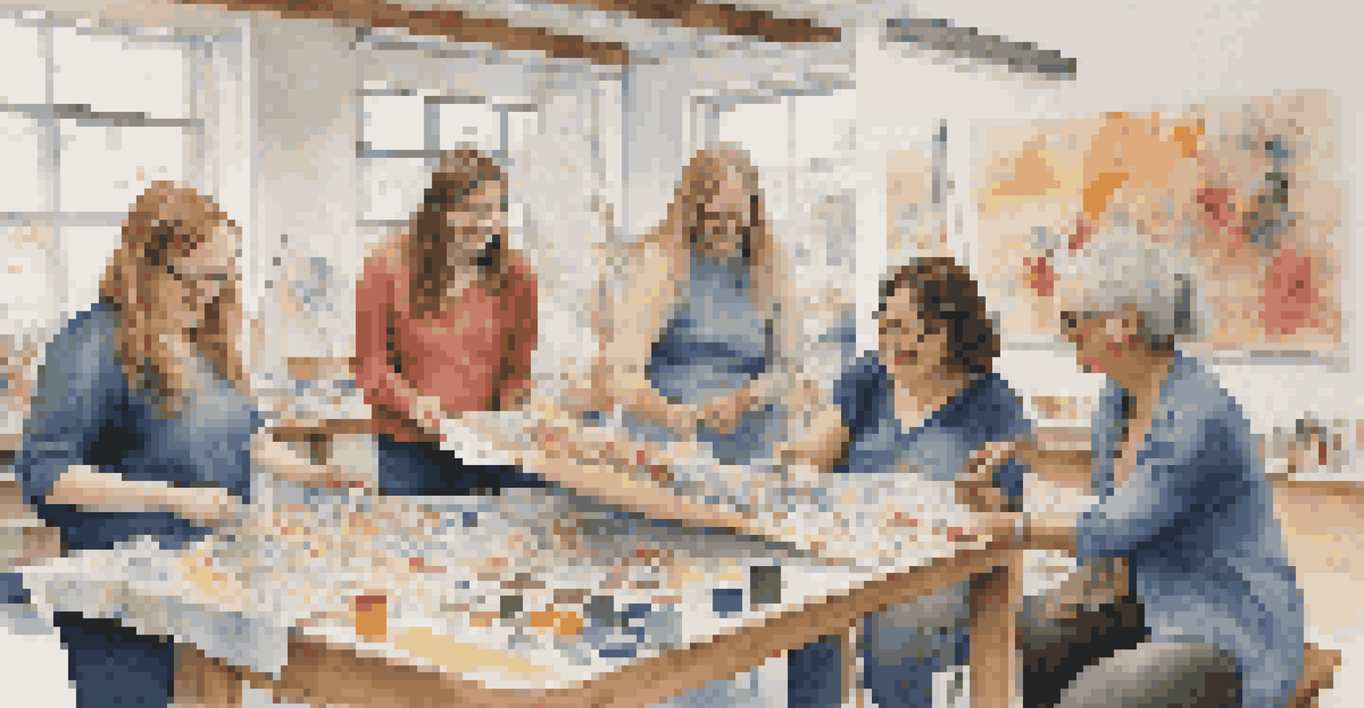 A group of artists collaborating and creating in a bright workshop, filled with materials and laughter.