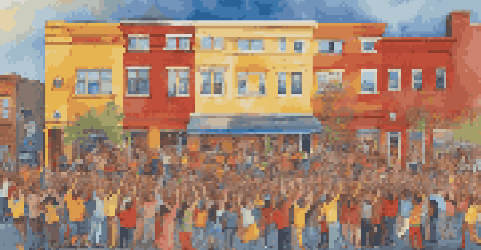 A colorful public art mural celebrating community, with diverse figures dancing, admired by a crowd.