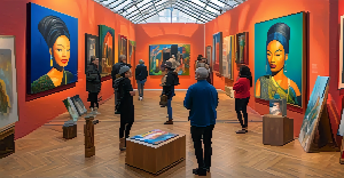 An art exhibition with diverse artists and colorful artworks, showcasing cultural identities.