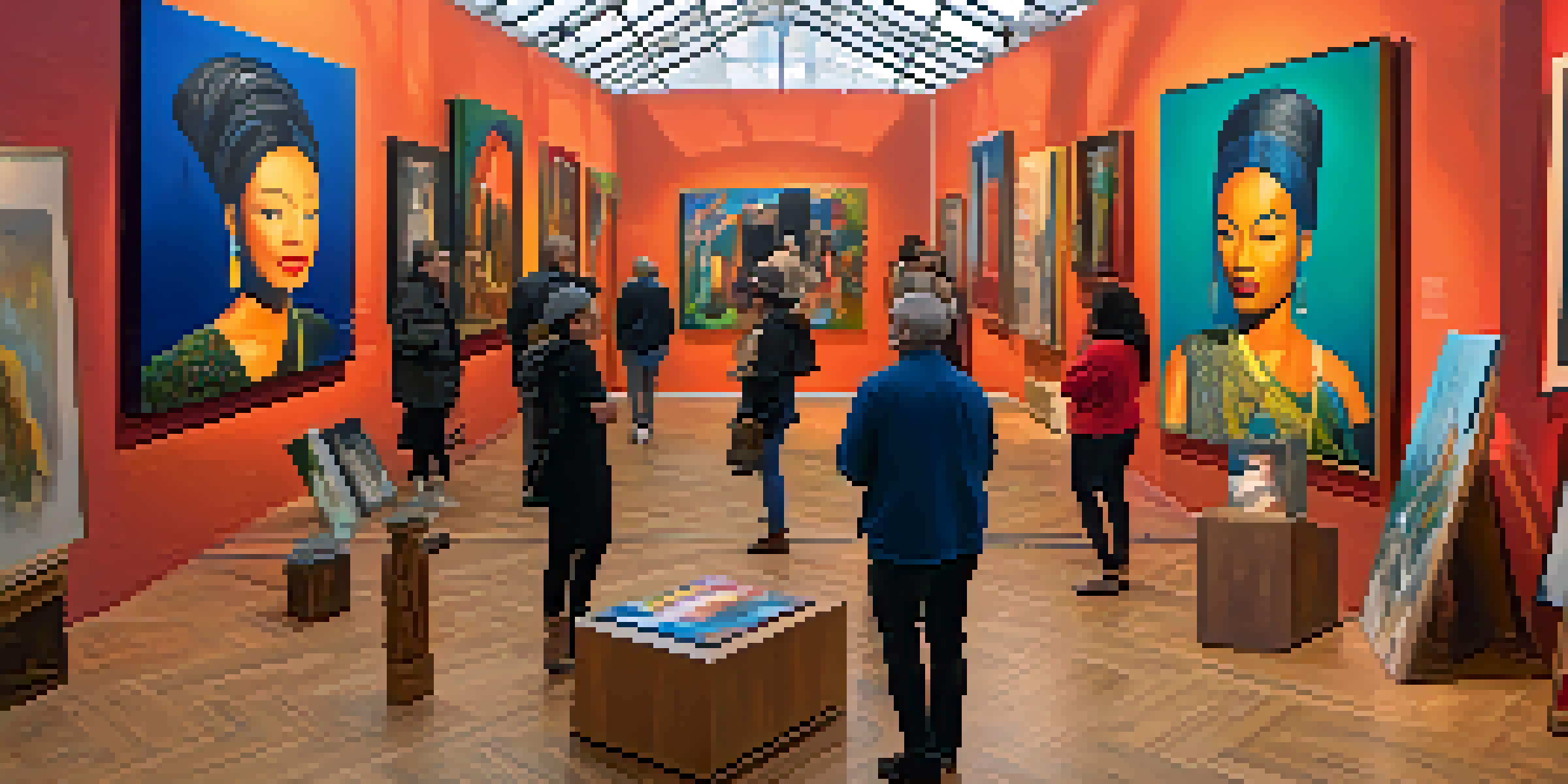 An art exhibition with diverse artists and colorful artworks, showcasing cultural identities.