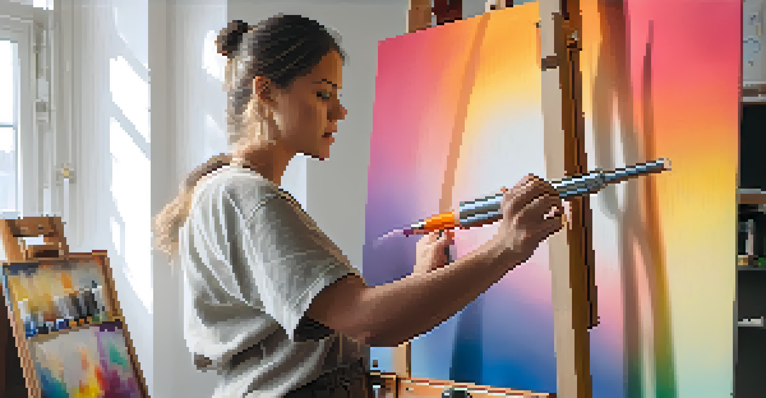 An artist using an airbrush to create a colorful gradient on a canvas, with natural light in the studio.
