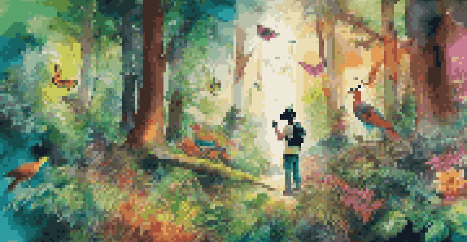 Participants in virtual reality headsets exploring a vibrant forest filled with wildlife and colorful flowers.