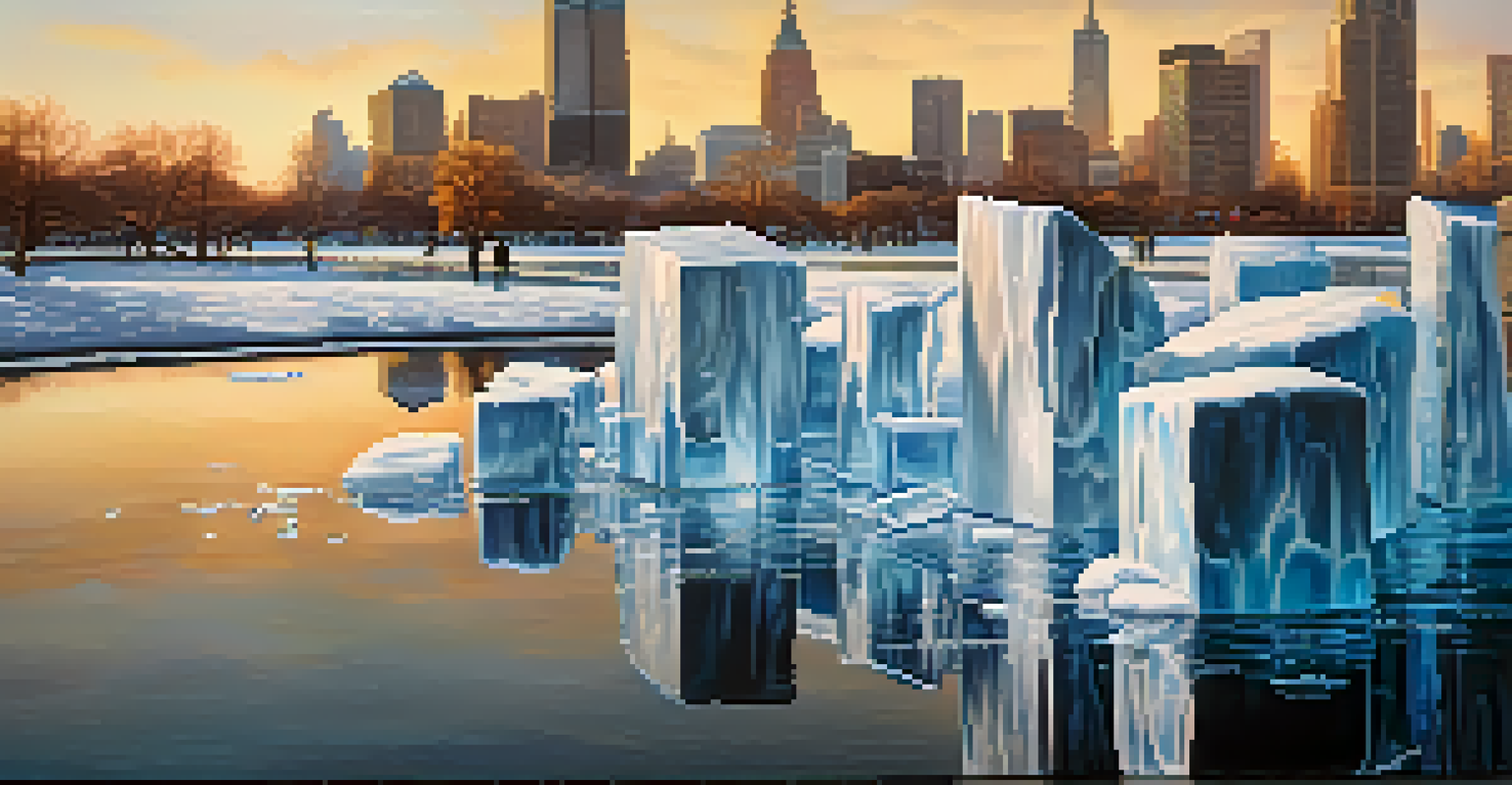 People experiencing a large ice installation in an urban setting, with melting blocks of ice reflecting warm golden hour light amidst skyscrapers.