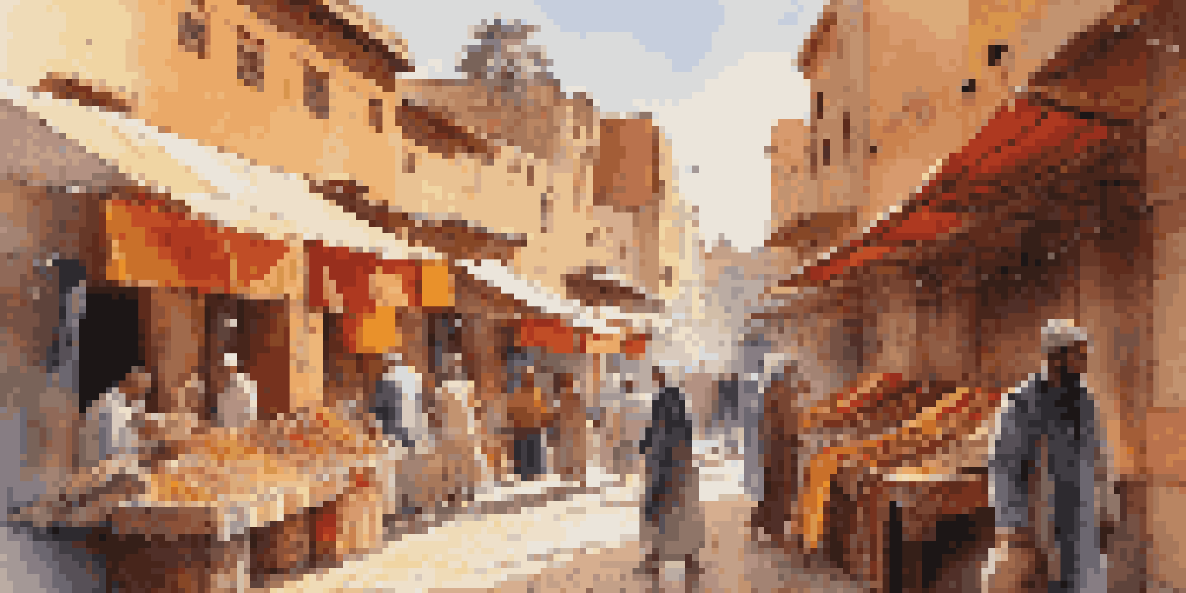 A colorful marketplace in Marrakech filled with textiles and bustling crowds, illuminated by sunlight.