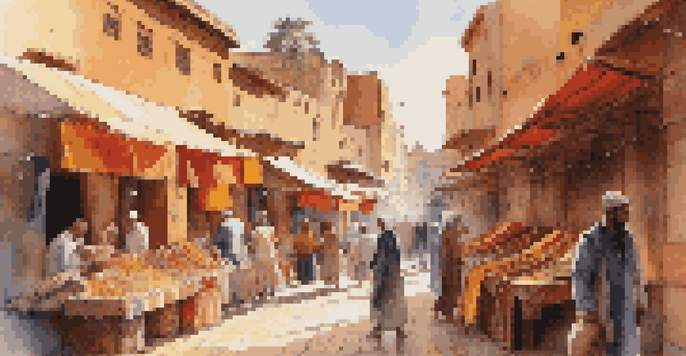 A colorful marketplace in Marrakech filled with textiles and bustling crowds, illuminated by sunlight.