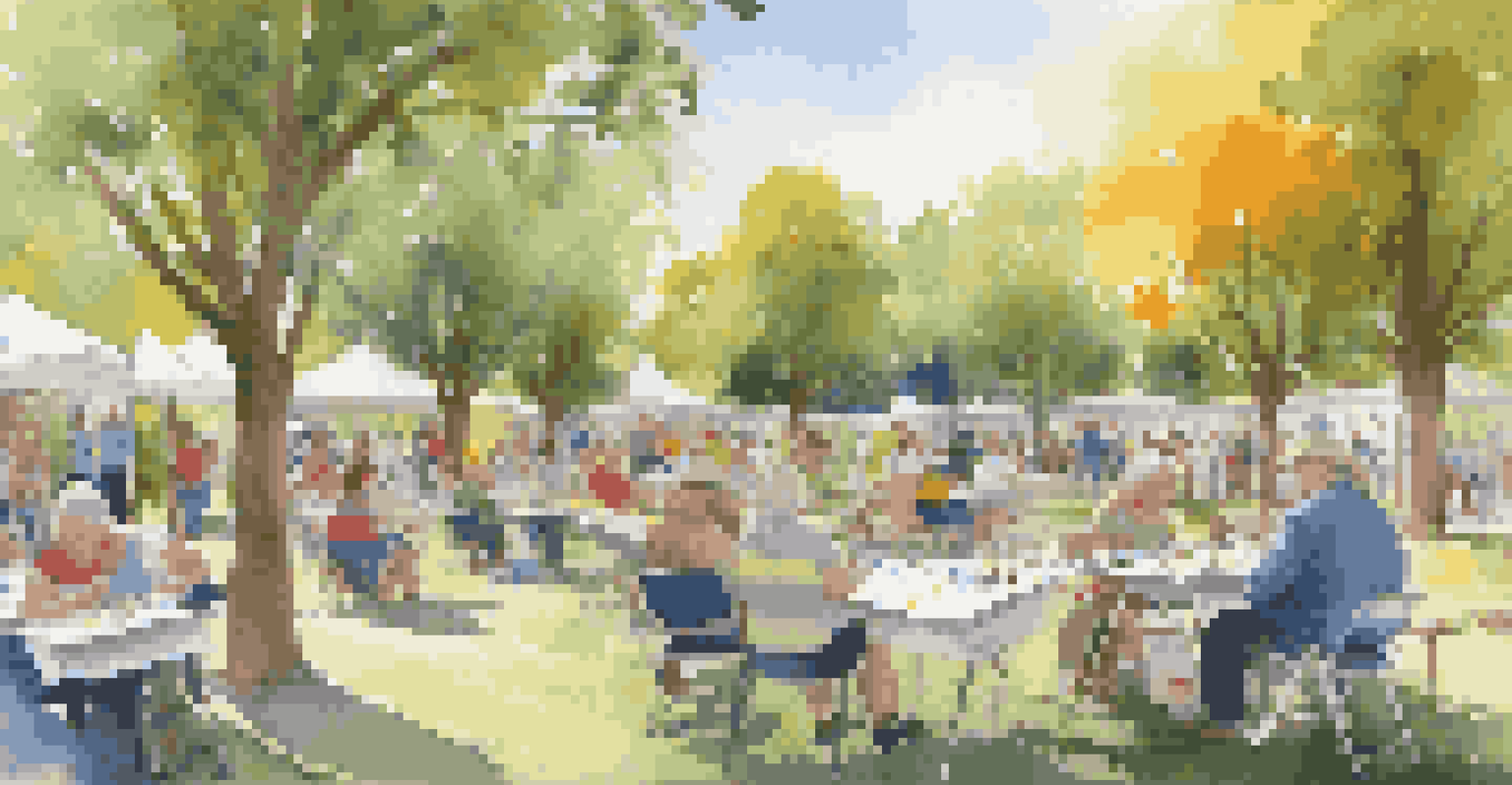 A lively community art workshop in a park with people painting together.