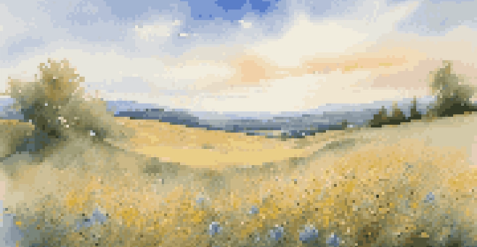 A vibrant field of wildflowers under a clear blue sky, with fluffy clouds and rolling hills in the background illuminated by golden sunlight.