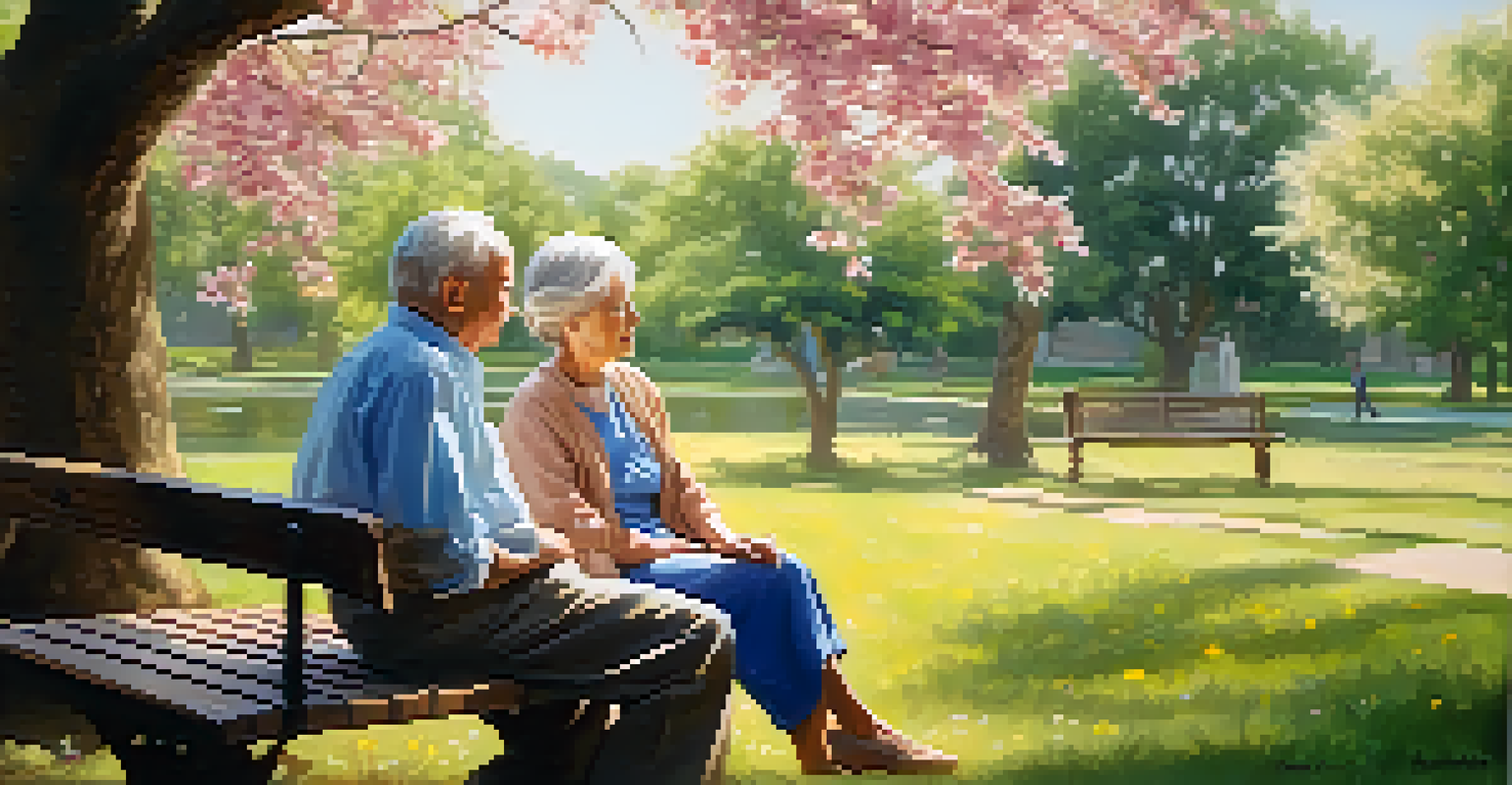 An elderly couple holds hands on a bench in a garden, surrounded by flowers, enjoying a peaceful moment together.