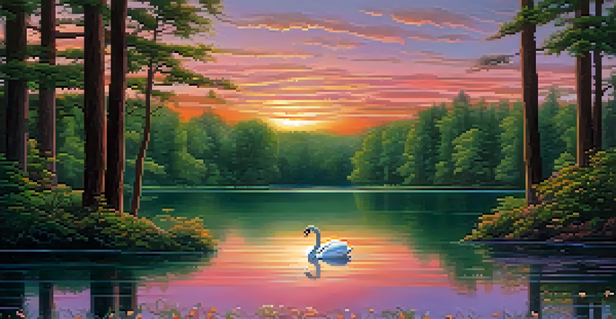 A peaceful lake at sunset, with colorful reflections in the water and a swan gliding across the surface.