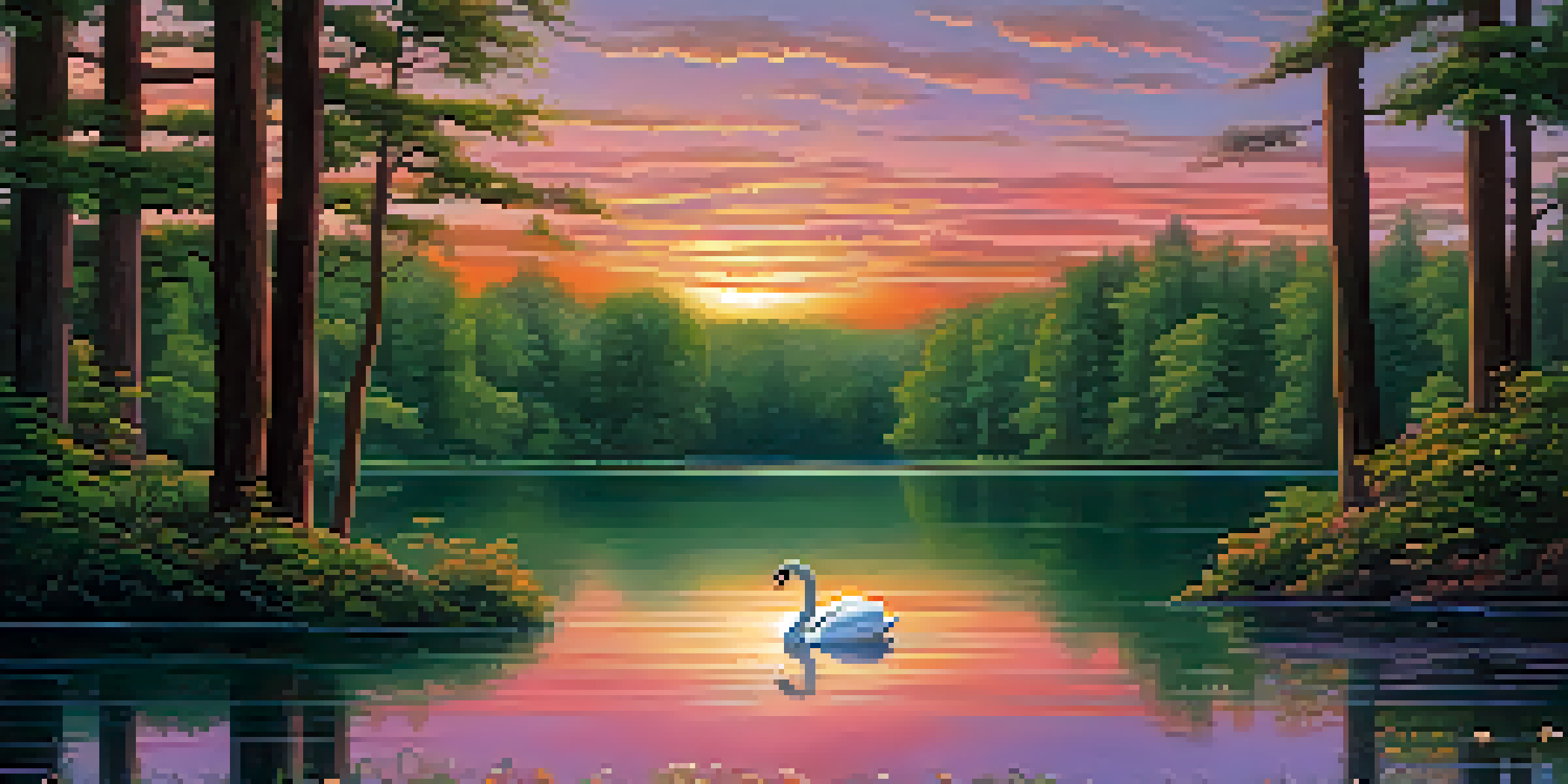 A peaceful lake at sunset, with colorful reflections in the water and a swan gliding across the surface.