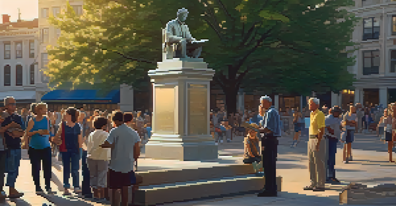 A statue commemorating a local hero in a busy plaza, with diverse people reading about the hero's story, illuminated by warm golden hour light.
