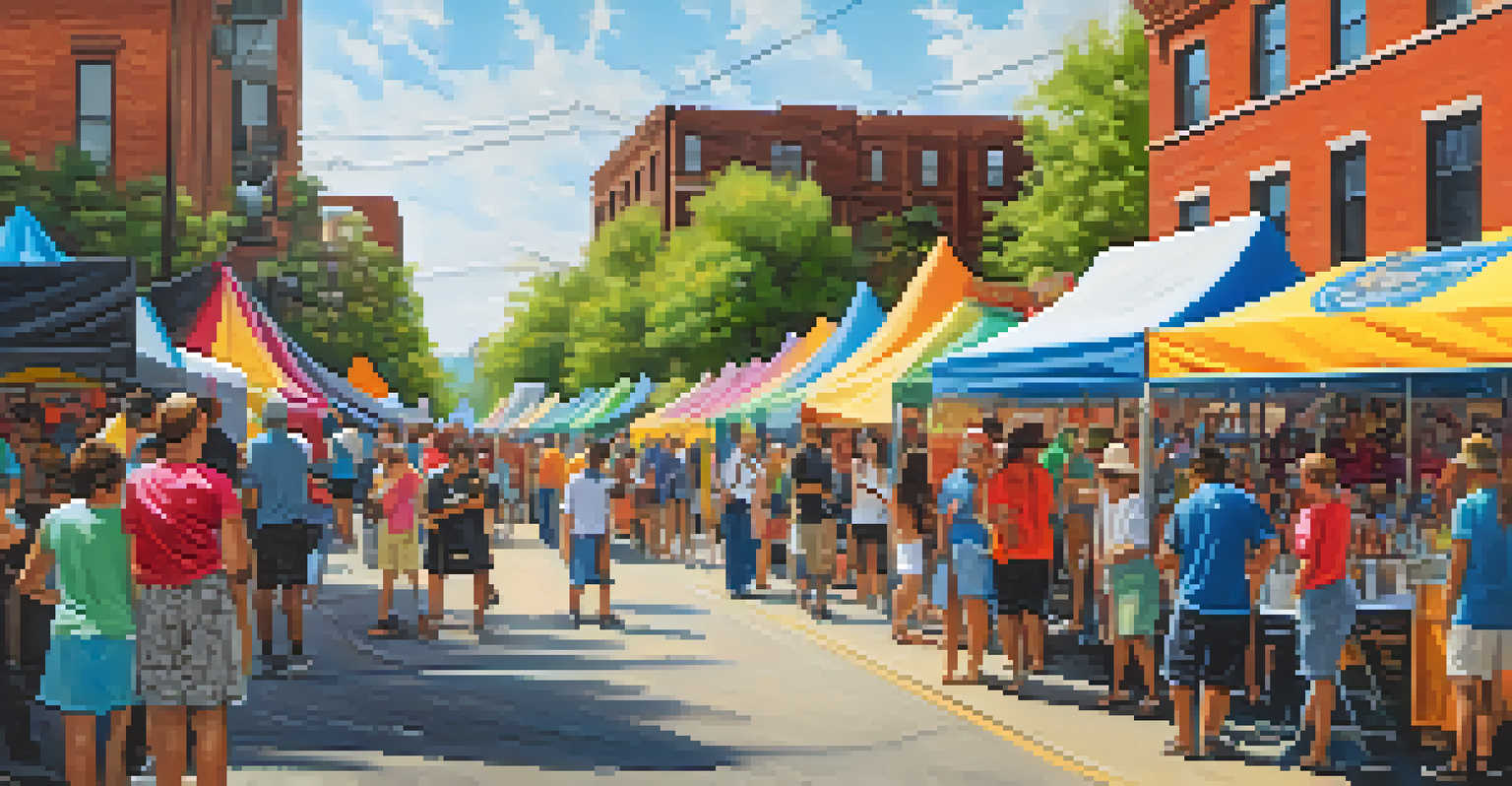 A lively street scene at a community art festival with artists painting murals and colorful tents.