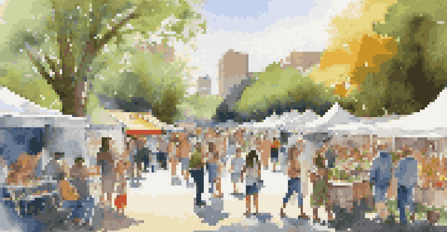 A sunny outdoor art fair in a park with colorful tents and visitors exploring various art stalls.