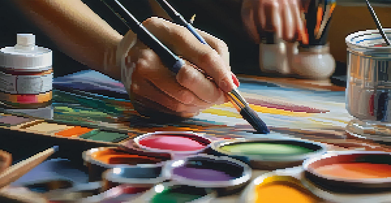 An artist's hands painting on a canvas, with a colorful palette and brushes nearby.