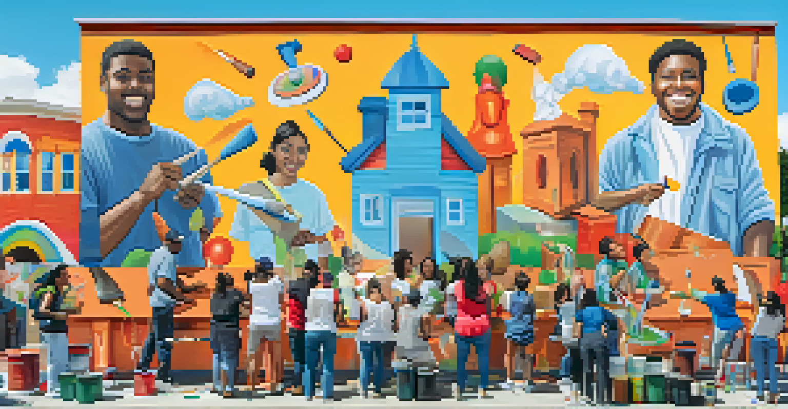 A community art workshop with diverse individuals creating a mural together, filled with joy and creativity.