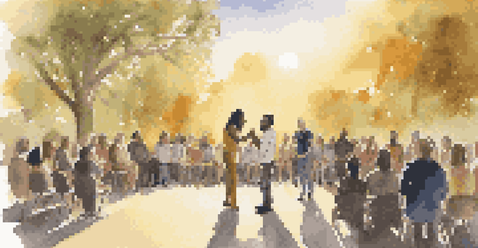 A performer reciting poetry on stage with an engaged audience in an outdoor park at sunset.