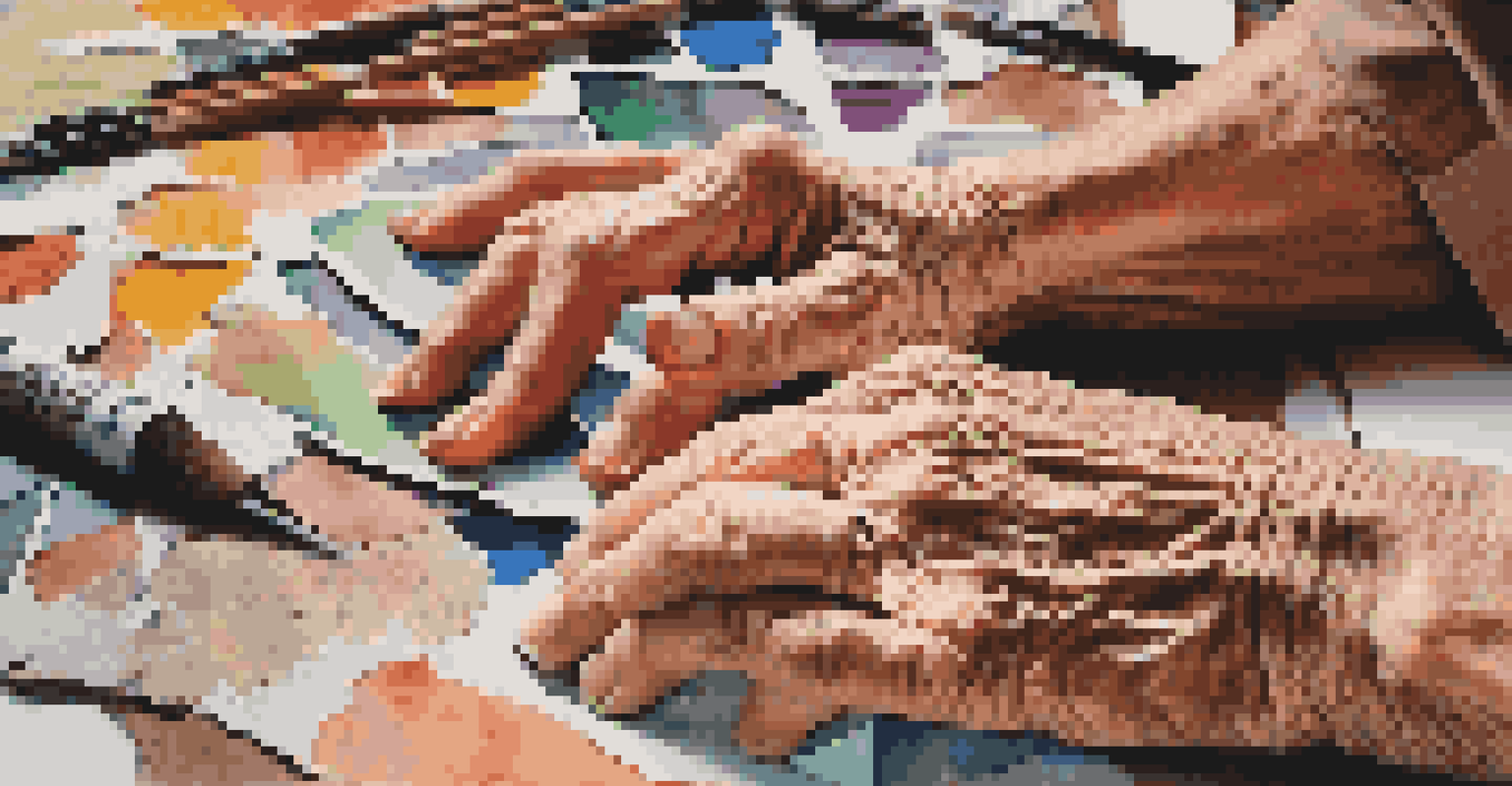 Close-up of an aging artist's hands creating a collage with cut paper.