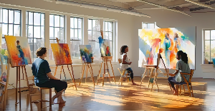 A bright art therapy session with a diverse group of individuals painting on large canvases in a sunlit studio.