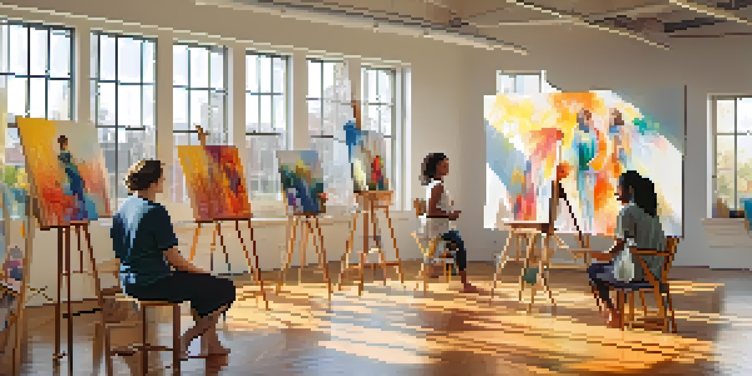 A bright art therapy session with a diverse group of individuals painting on large canvases in a sunlit studio.