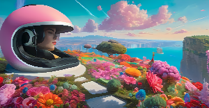 A person wearing a virtual reality headset stands at the edge of a cliff in a surreal landscape filled with oversized flowers and whimsical sculptures.