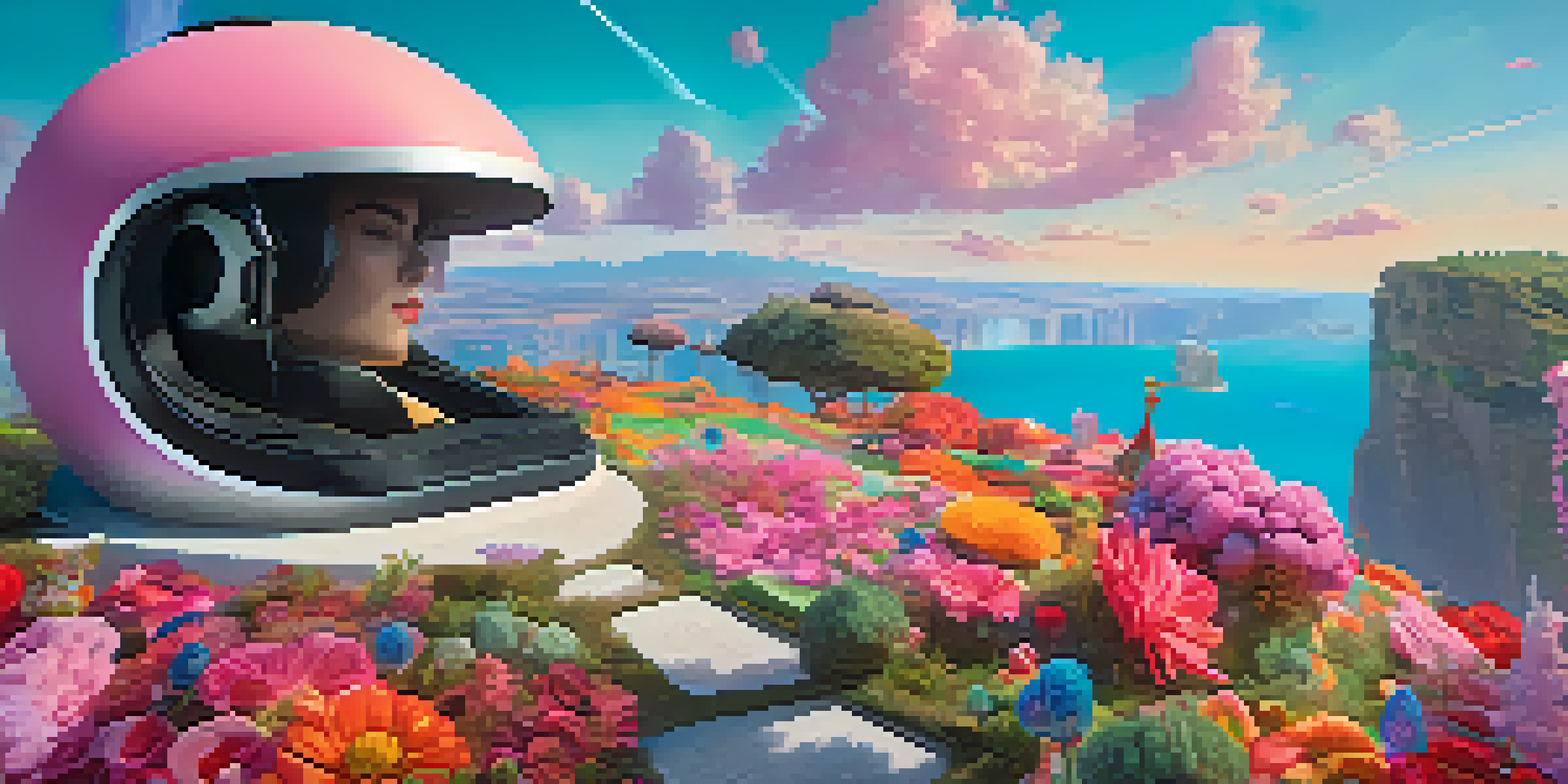 A person wearing a virtual reality headset stands at the edge of a cliff in a surreal landscape filled with oversized flowers and whimsical sculptures.