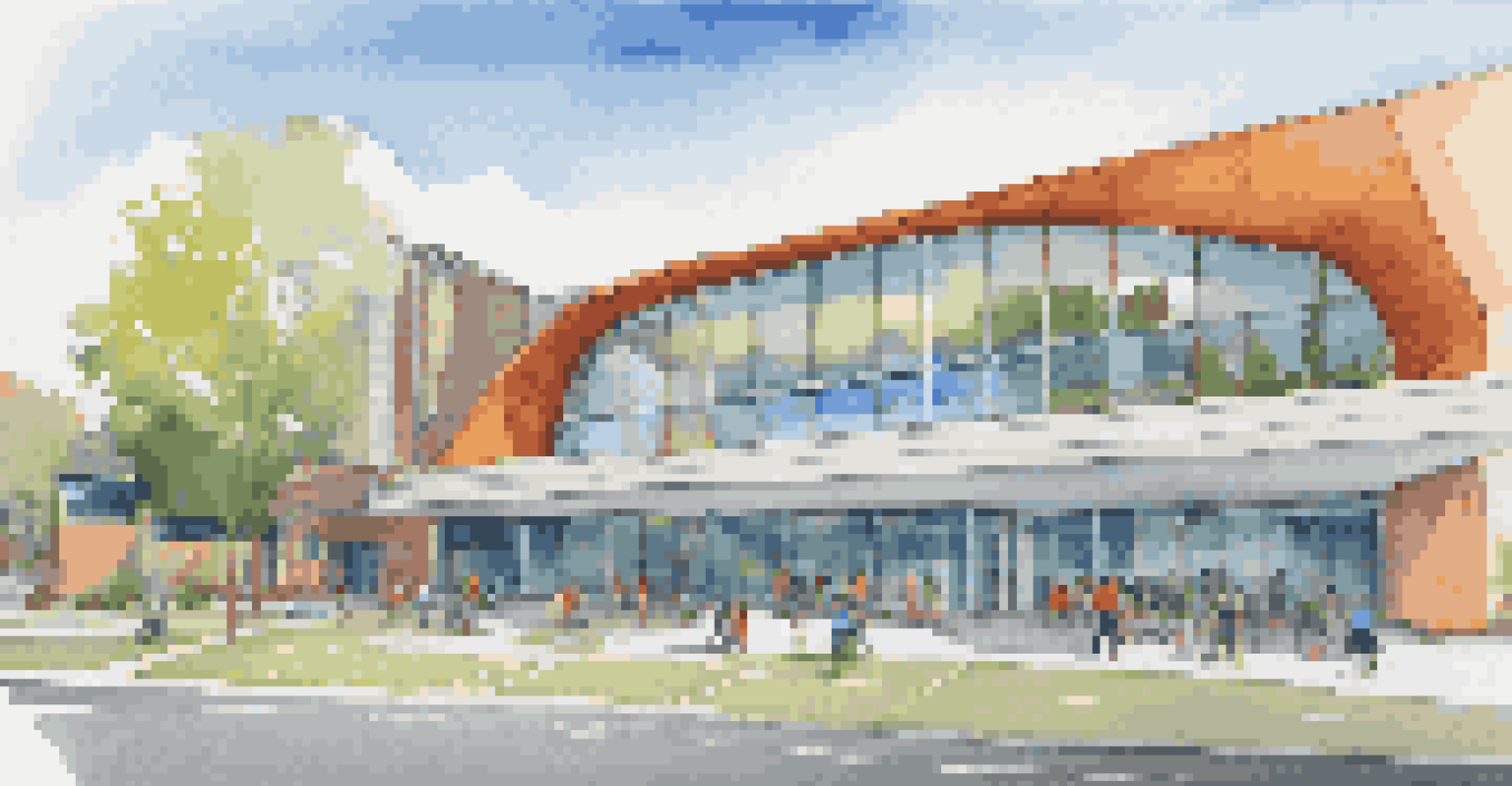 A modern community center with fluid architectural shapes and vibrant murals by feminist artists, surrounded by greenery under a clear blue sky.