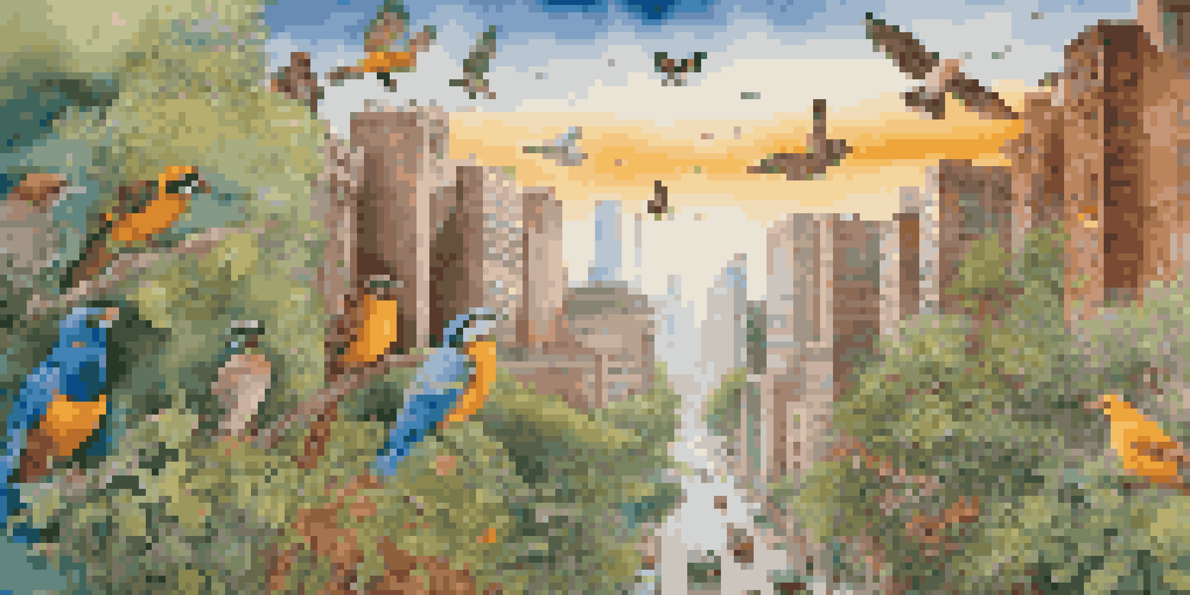 A colorful mural illustrating urban wildlife in a polluted city environment, with sunlight breaking through clouds, symbolizing hope.
