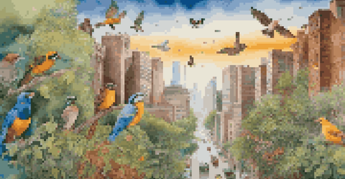 A colorful mural illustrating urban wildlife in a polluted city environment, with sunlight breaking through clouds, symbolizing hope.