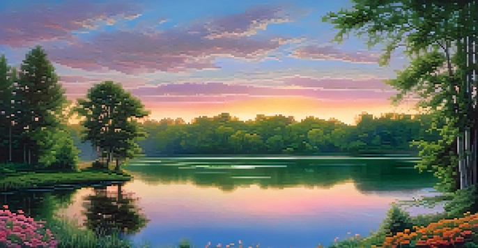 A colorful sunrise over a calm lake, surrounded by greenery and wildflowers.