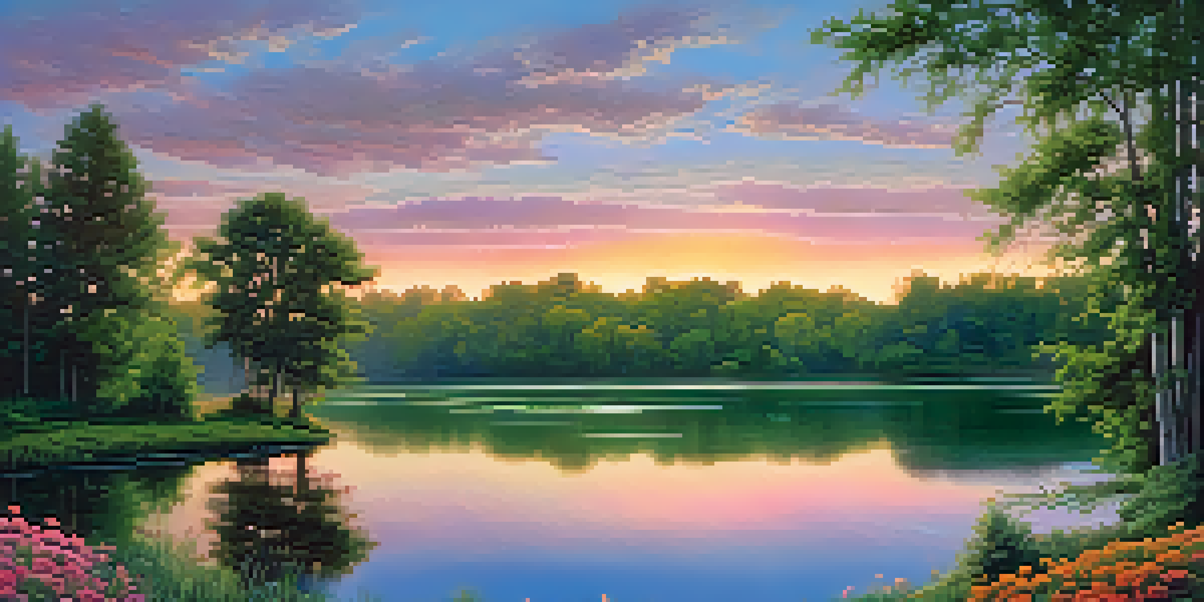 A colorful sunrise over a calm lake, surrounded by greenery and wildflowers.