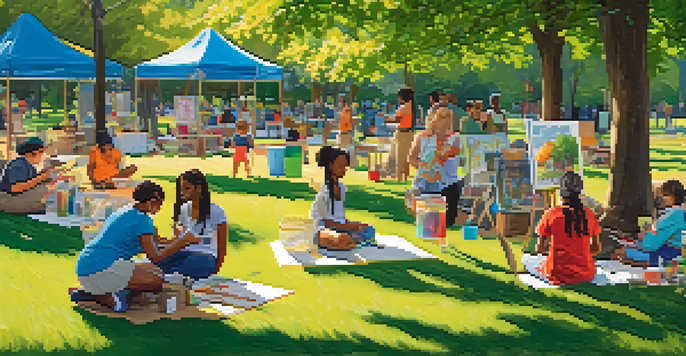 A diverse group of people participating in a community art workshop in a sunny park, surrounded by colorful art supplies and canvases.