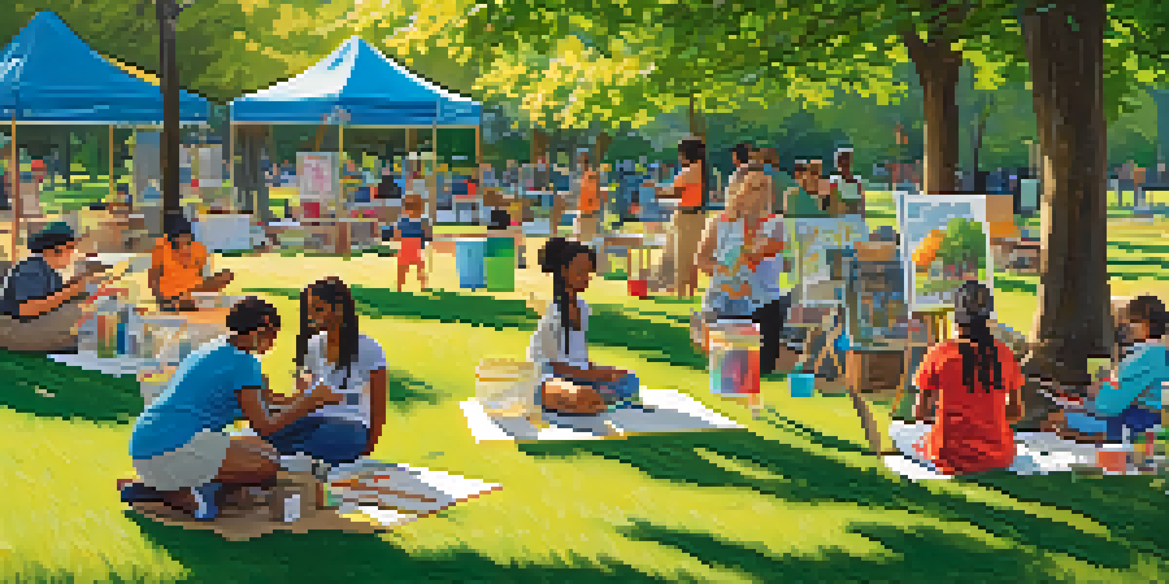 A diverse group of people participating in a community art workshop in a sunny park, surrounded by colorful art supplies and canvases.