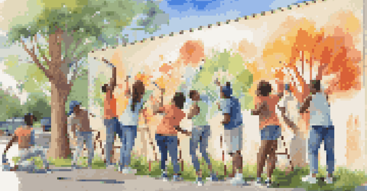 A diverse group of teenagers collaborating on a colorful outdoor mural, laughing and sharing ideas, surrounded by trees and a clear sky.