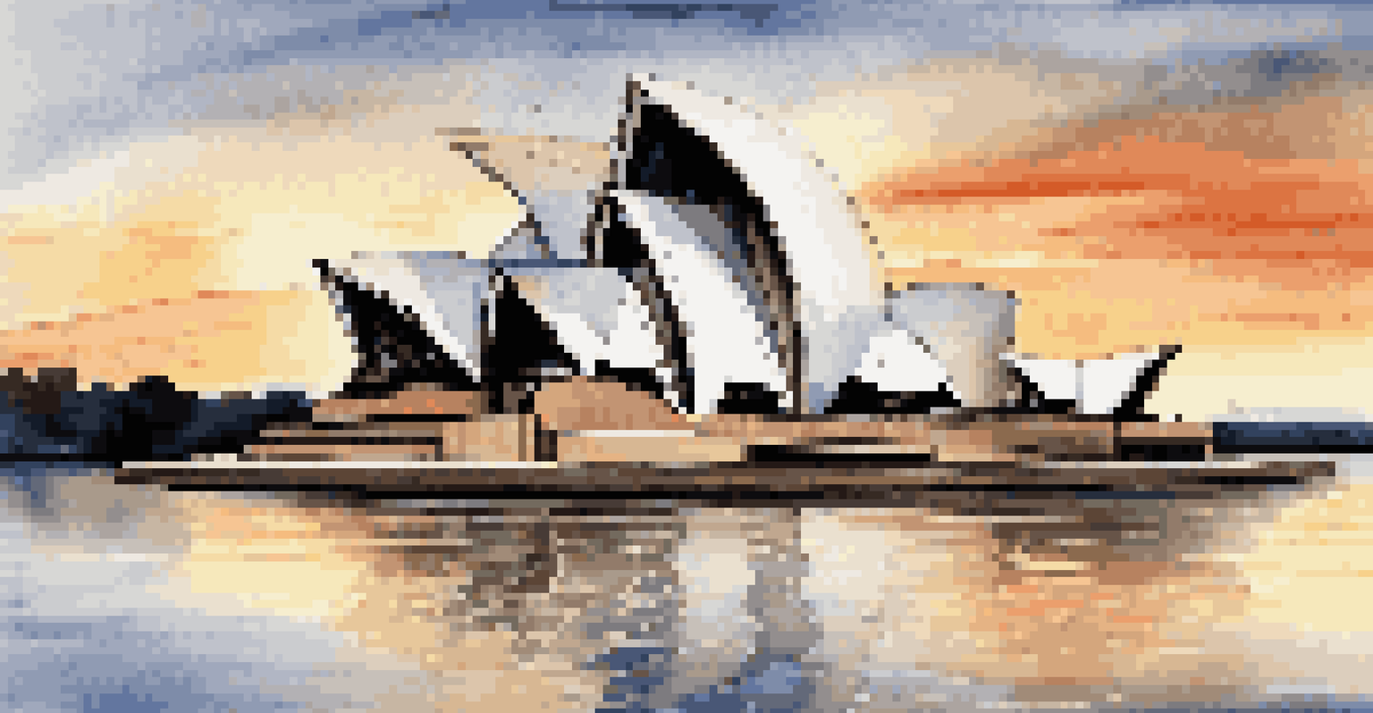 A view of the Sydney Opera House during sunset, highlighting its sail-like structures and reflections on the water.