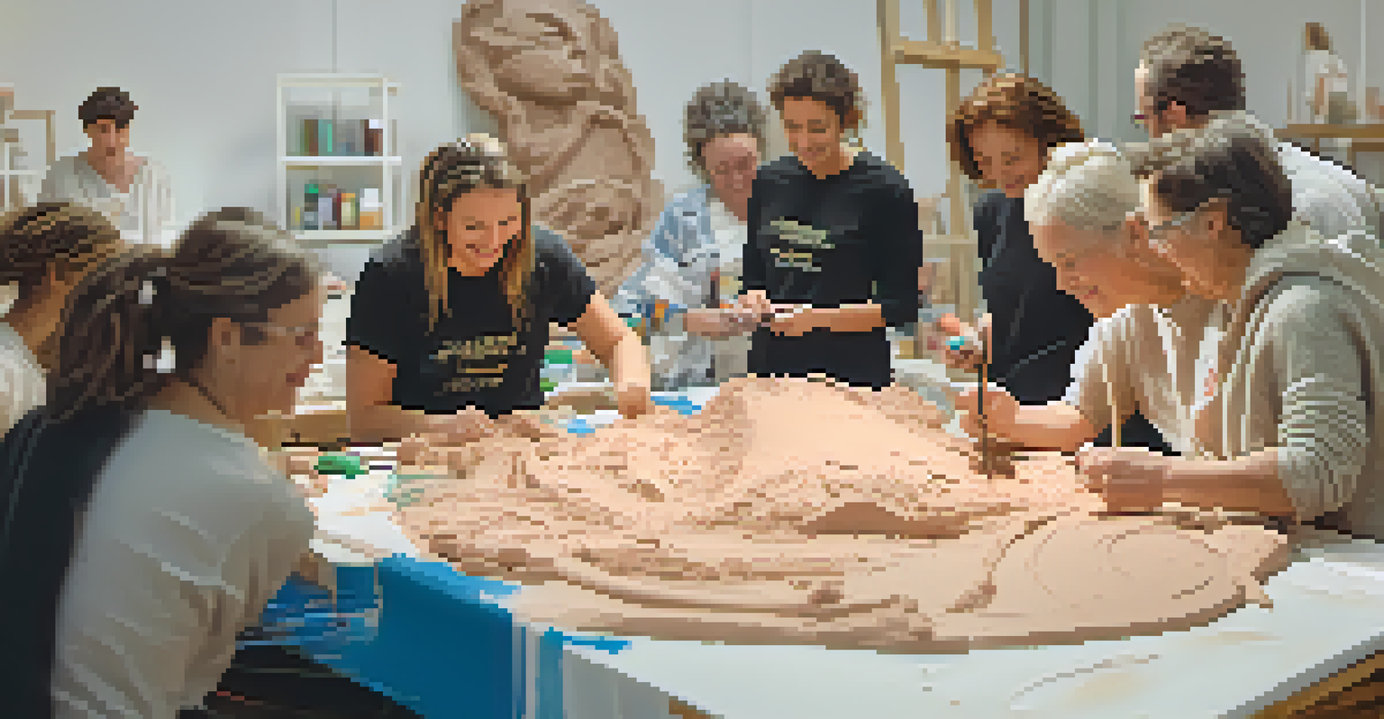 A group of participants in an art therapy session working together on a large clay sculpture, showcasing connection and creativity.