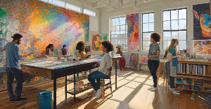 A diverse group of artists working together in a bright art studio, creating a mural that celebrates identity and community.