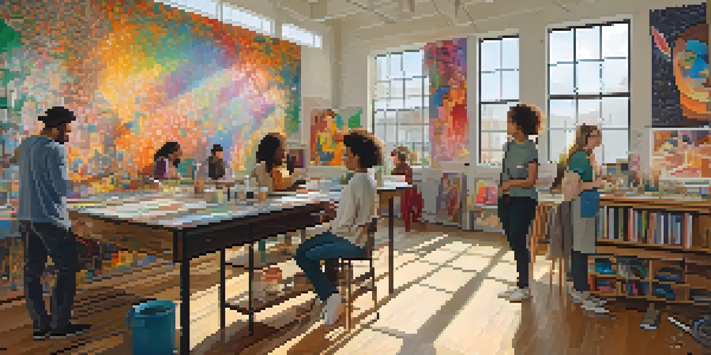 A diverse group of artists working together in a bright art studio, creating a mural that celebrates identity and community.