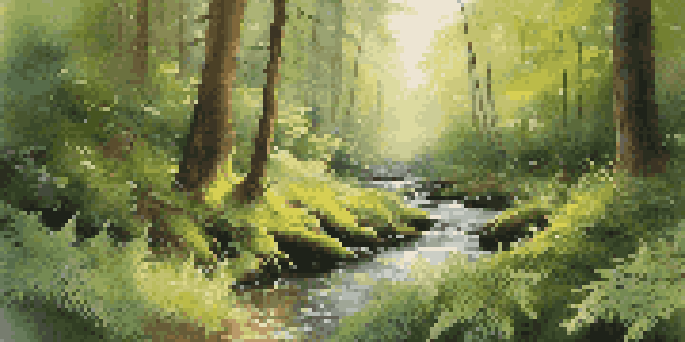 A tranquil forest scene with sunlight filtering through trees, lush ferns in the foreground, and a gentle stream in the background.