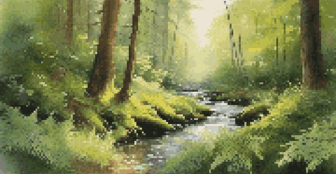 A tranquil forest scene with sunlight filtering through trees, lush ferns in the foreground, and a gentle stream in the background.
