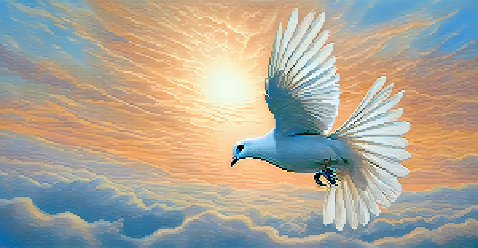 A dove flying against a pastel-colored sky, symbolizing peace.