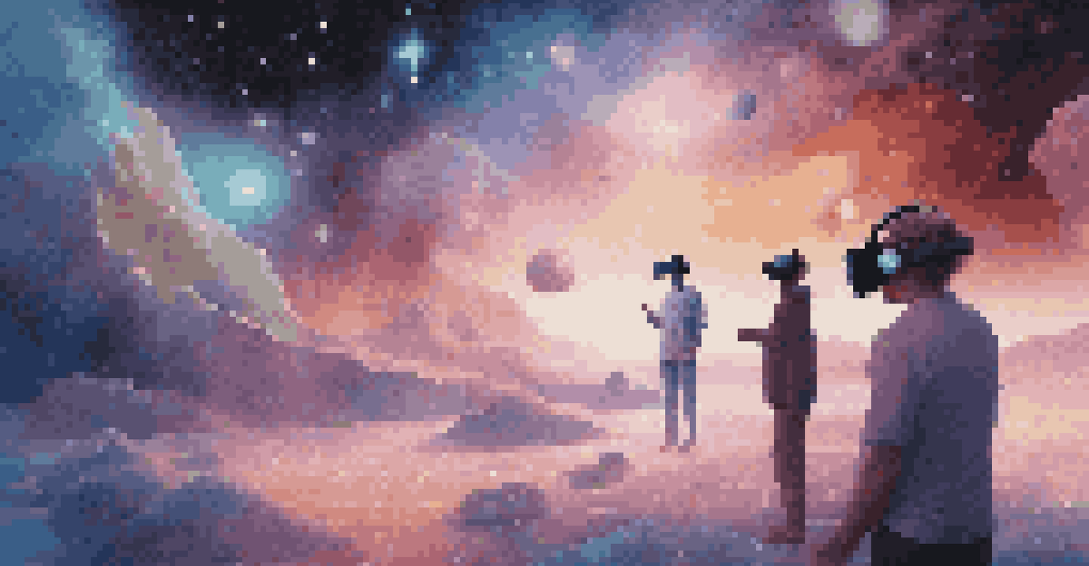 A virtual reality environment with floating 3D digital sculptures and a starry cosmic background.
