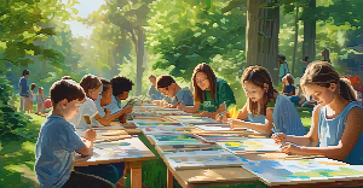Children and adults participating in an outdoor community art workshop, painting on canvases surrounded by nature and sunlight.