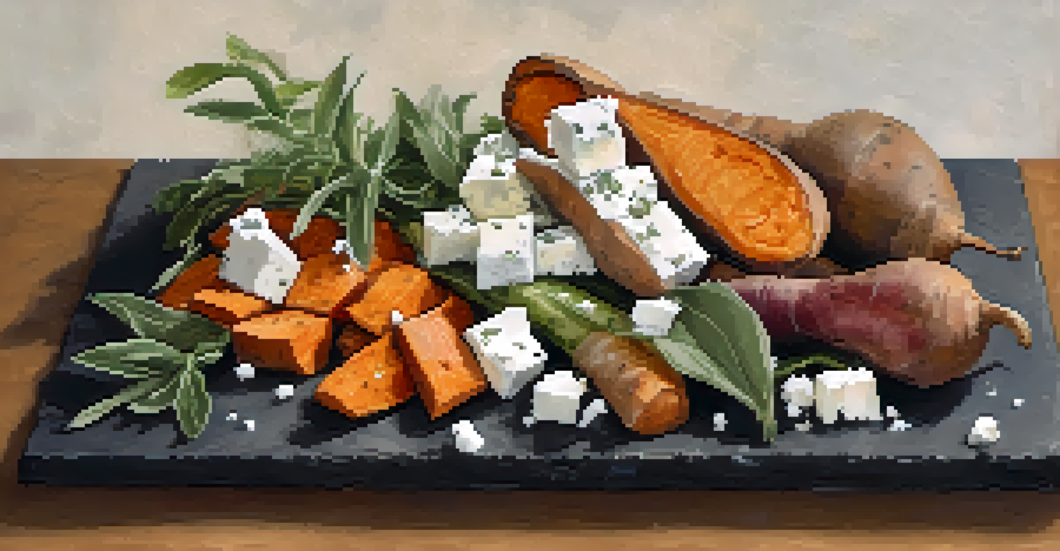 A platter of roasted sweet potatoes, sage, and feta cheese arranged artistically on a slate background.