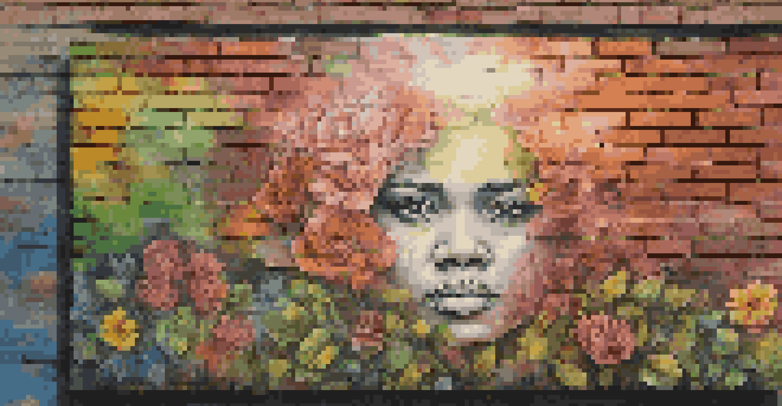 A detailed close-up of a street art piece with a message about social change, set against a textured brick wall, featuring vibrant colors and natural elements.