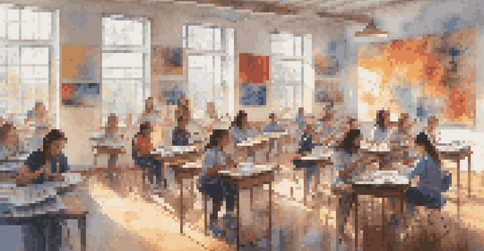 A lively art classroom with students painting and musical notes floating around, showcasing the integration of art and music.