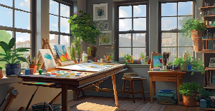 An artist's studio with traditional and digital art supplies, featuring a large window with natural light, colorful paint on a canvas, a graphics tablet, and sketches on a wooden table.